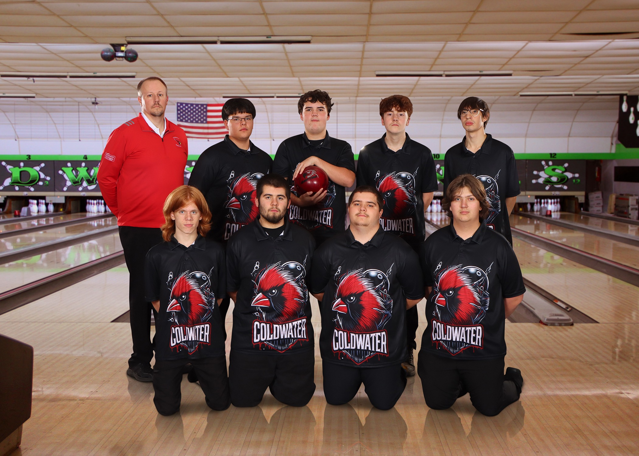 The 2025-26 Coldwater Cardinal varsity boys bowling team. (Photo credit: Focus & Frame Portrait Co.)