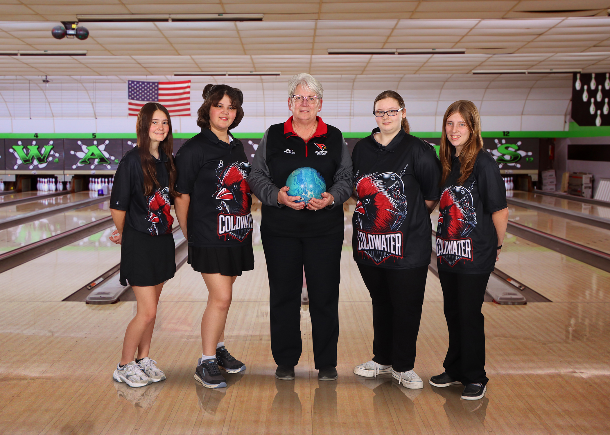The 2025-26 Coldwater Cardinal JV girls bowling team. (Photo credit: Focus & Frame Portrait Co.)