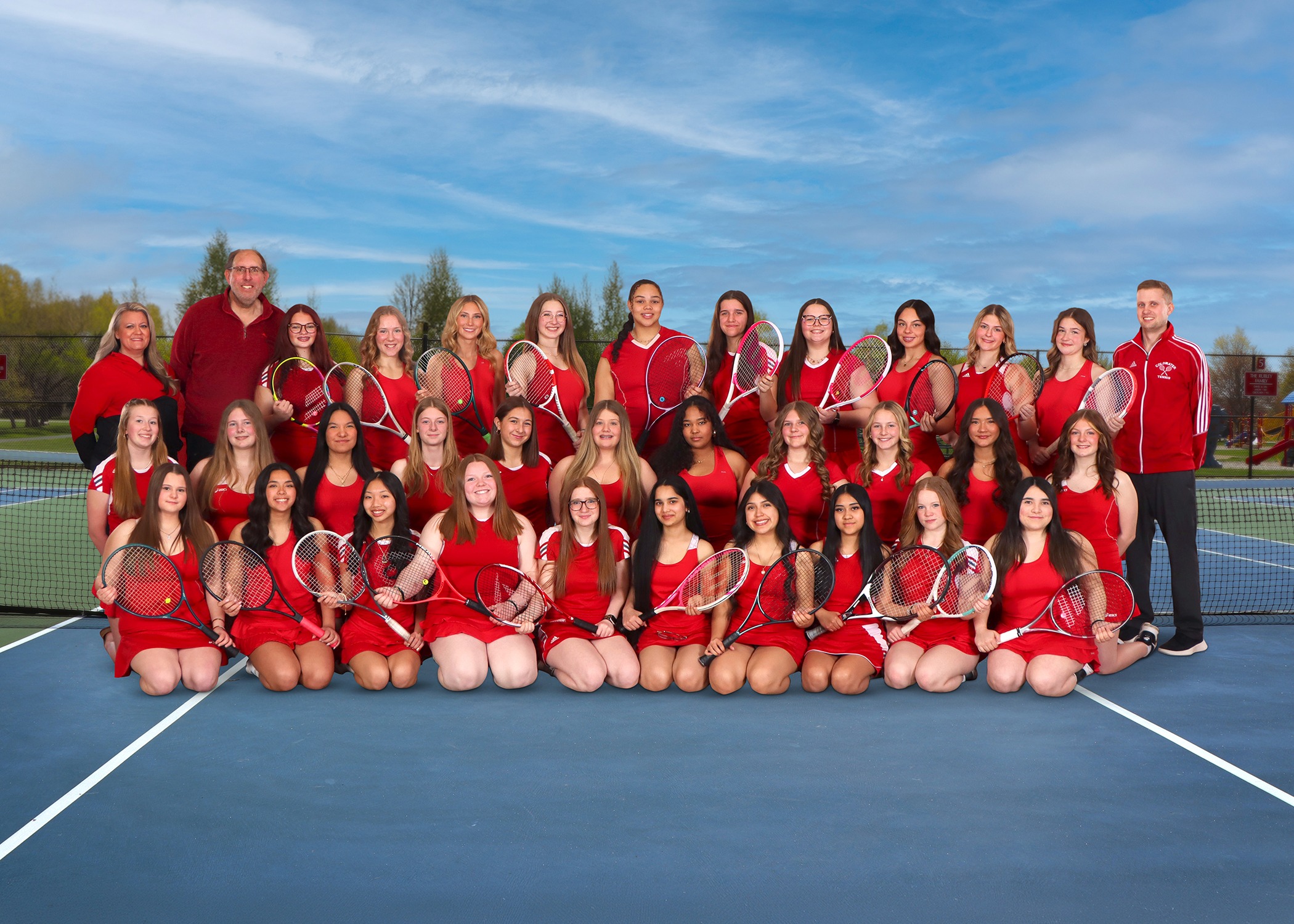 The 2026 Coldwater Cardinal varsity and JV girls tennis teams. (Photo credit: Prater Studios)