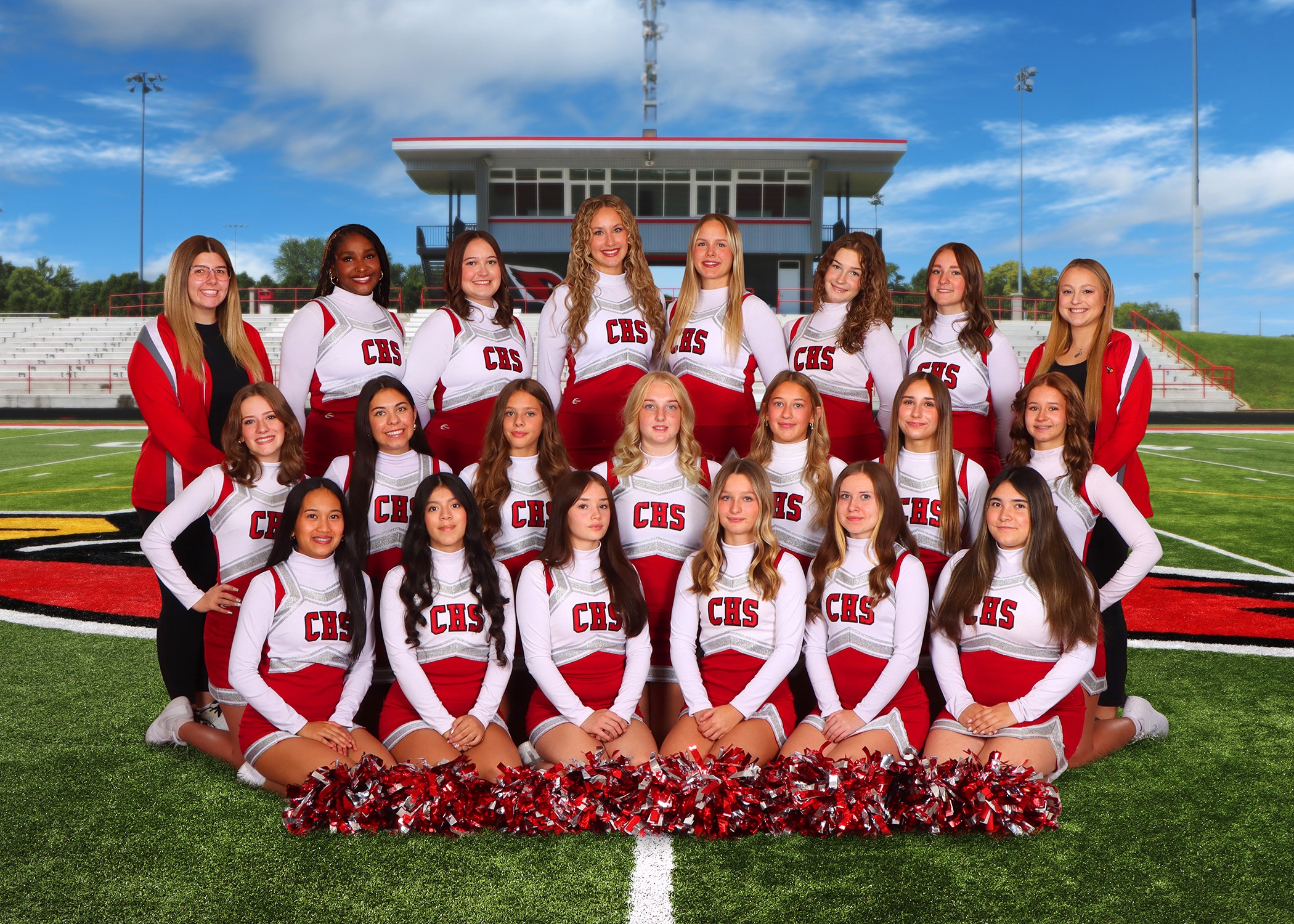 The 2026 Coldwater Cardinal sideline cheer team. (Photo credit: Focus & Frame Portrait Co.)