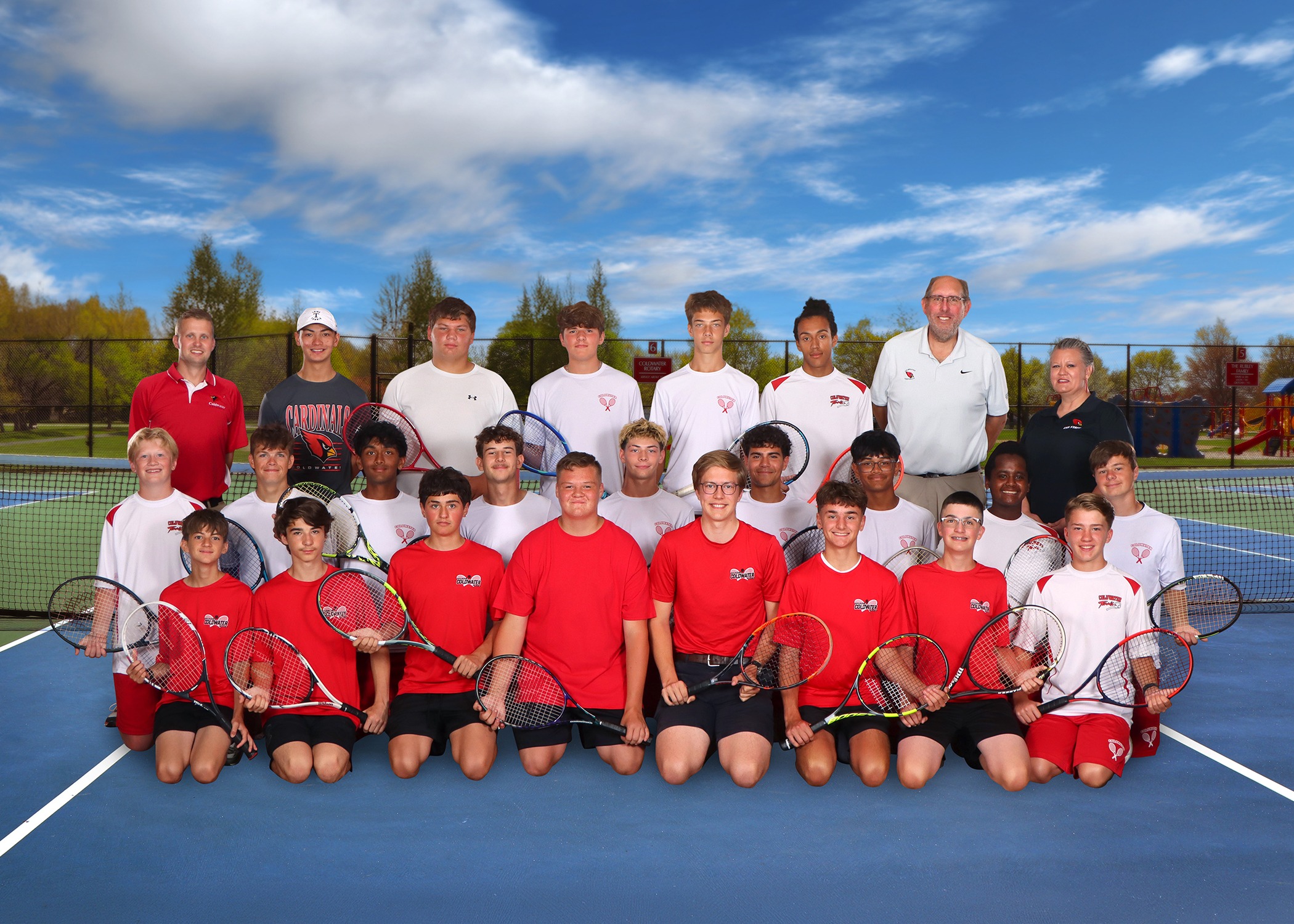The 2026 Coldwater Cardinal combined boys tennis teams. (Photo credit: Focus & Frame Portrait Co.)
