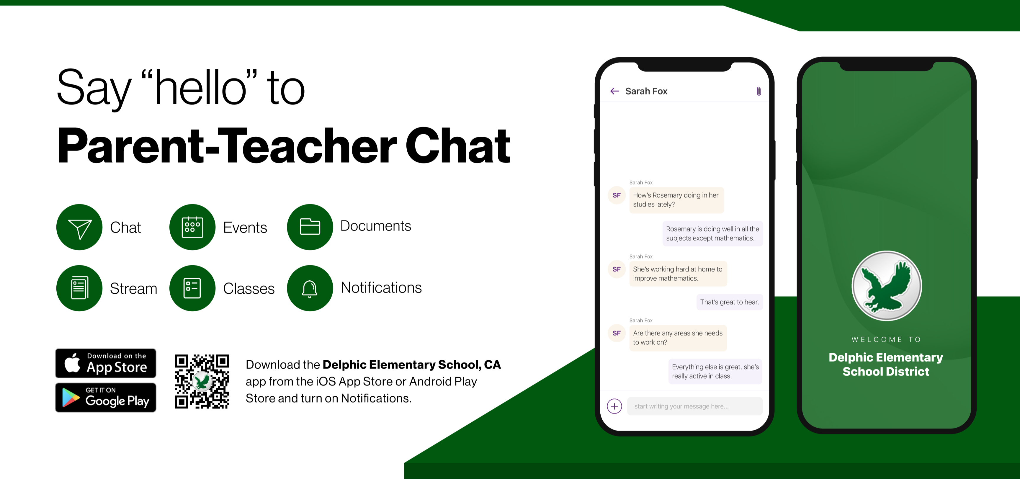 Say hello to Parent-Teacher chat in the new Rooms app. Download the Delphic Elementary School District app in the Google Play or Apple App store