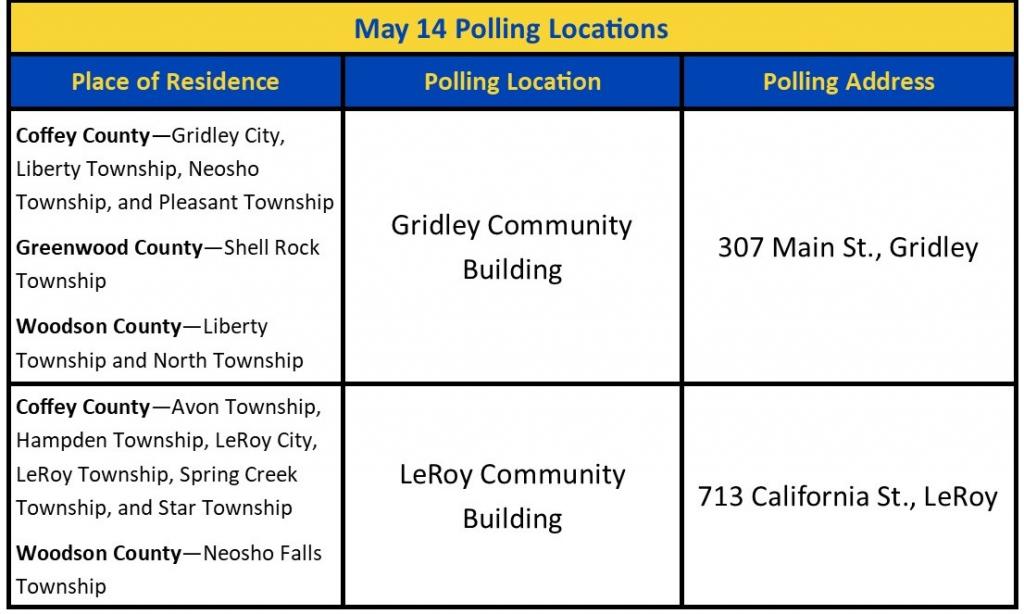 May 14 Polling Locations Place of Residence Polling Location Polling Address Coffey County-Gridley City, Liberty Township, Neosho Township, and Pleasant Township Greenwood County-Shell Rock Township Woodson County-Liberty Township and North Township Gridley Community Building 307 Main St., Gridley Coffey County-Avon Township, Hampden Township, LeRoy City, LeRoy Township, Spring Creek Township, and Star Township Woodson County-Neosho Falls Township LeRoy Community Building 713 California St., LeRoy