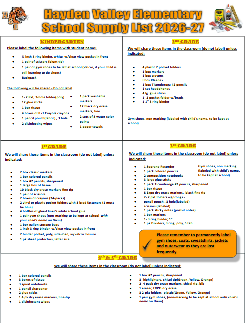 26/27 Elementary Supply List