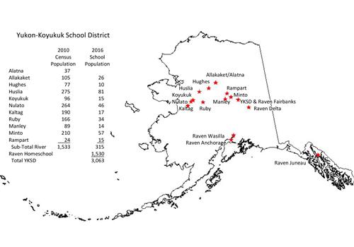 Map of Alaska school districts showing boundaries and locations of schools across the state.