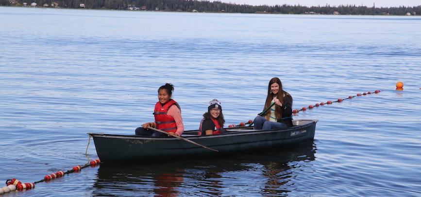 Three people in a rowing boat