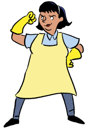 A cartoon woman wearing an apron and gloves, ready to tackle any task with her cheerful demeanor.