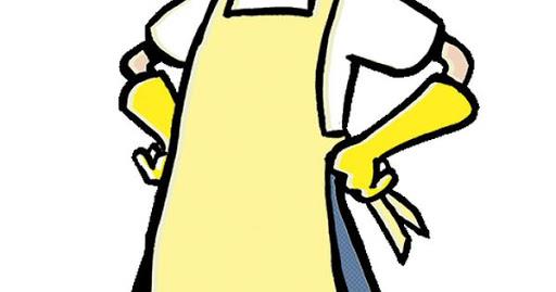 A cartoon man wearing an apron and yellow gloves, ready for household chores.