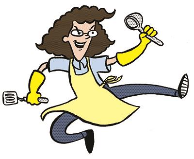 A cheerful cartoon woman in an apron and yellow gloves jumps while holding a spatula.