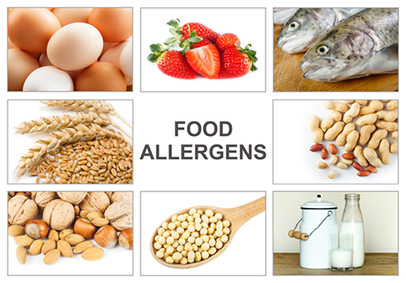 Image of various foods, including peanuts, eggs, milk, wheat, and shellfish. Represents common food allergies and their causes.