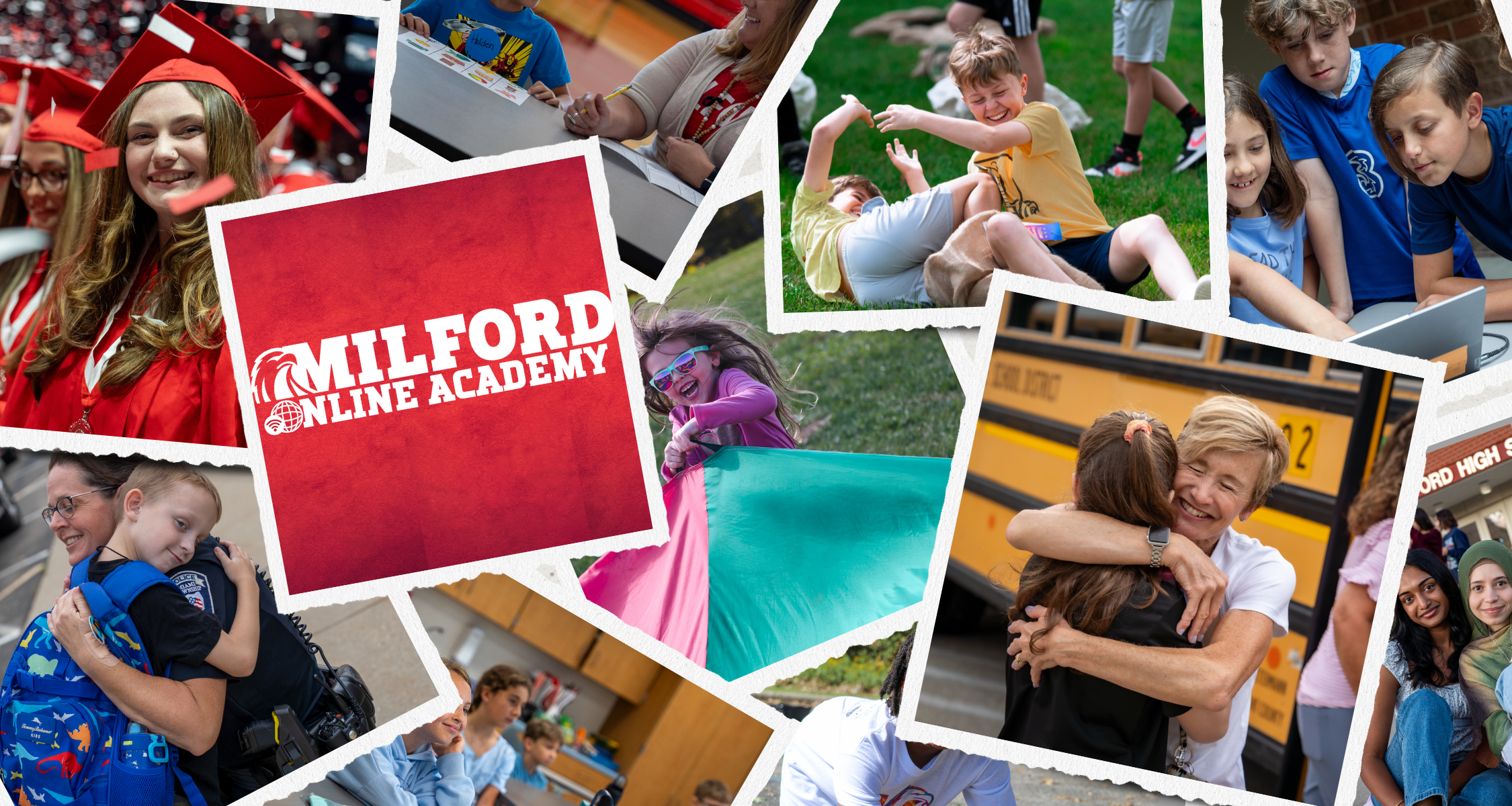 A collage of photos featuring students and teachers with a square in the center labeled "Milford Online Academy"