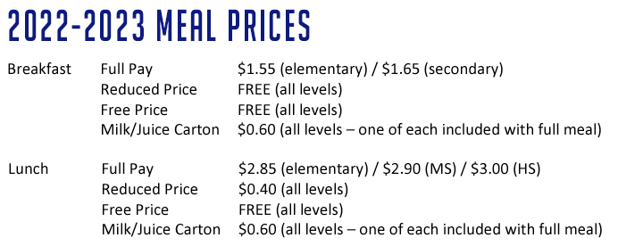Meal Prices for school year 22-23