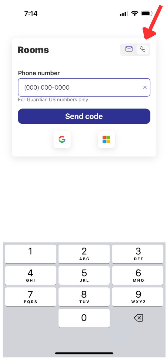 rooms sign in screen with arrow pointing to phone icon