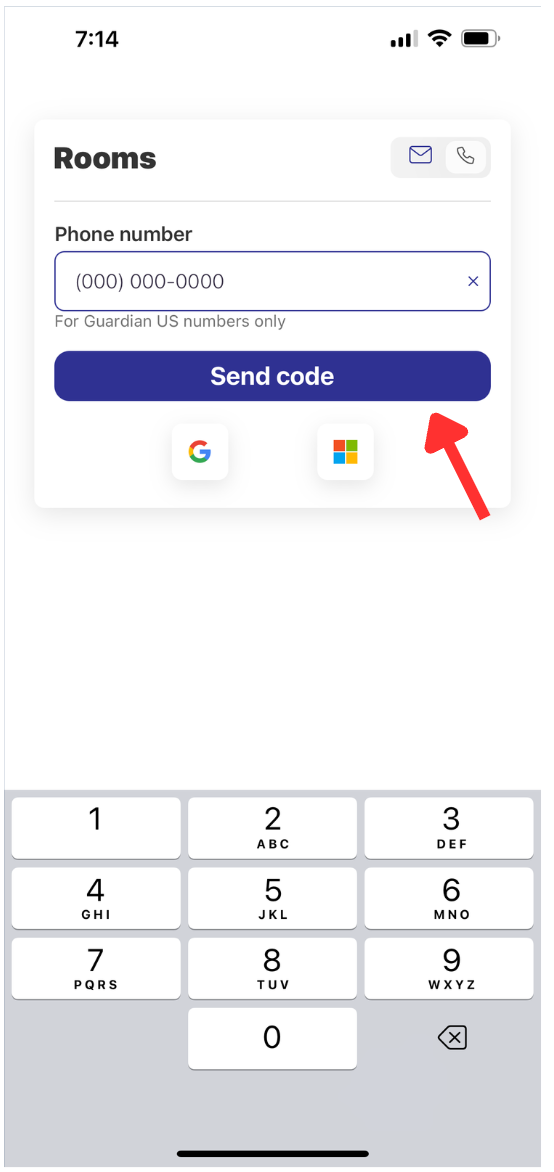 phone sign in screen with arrow pointing to send code button
