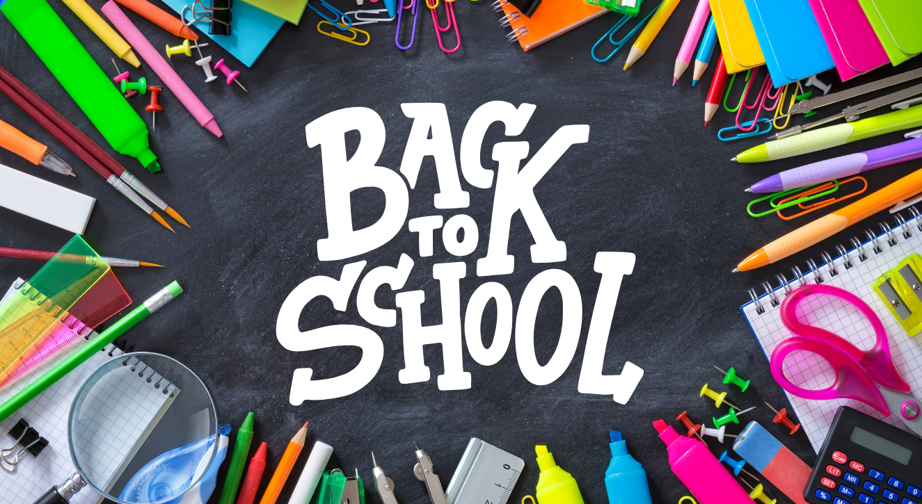 A chalkboard with "Back to School" written in white, surrounded by colorful stationery and office supplies.