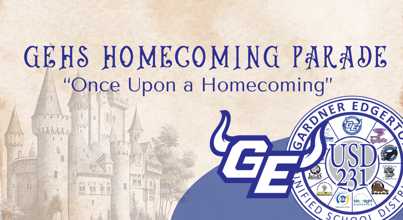 A banner displays the text "GEHS Homecoming Parade" with the subtitle "Once Upon a Homecoming". Logos and graphics are present.