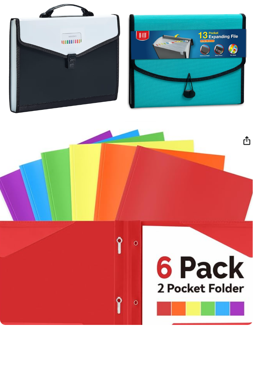 Image with three different styles of colorful expandable pocket folders