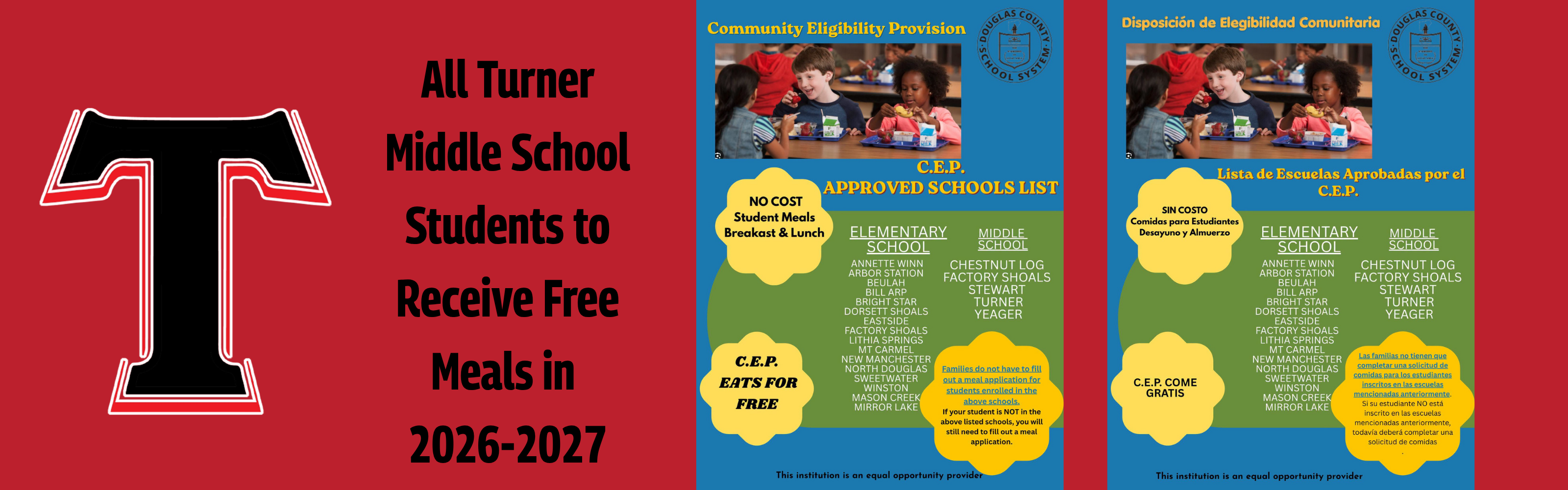 Flyers with information about free meals for all Turner students through the CEP program
