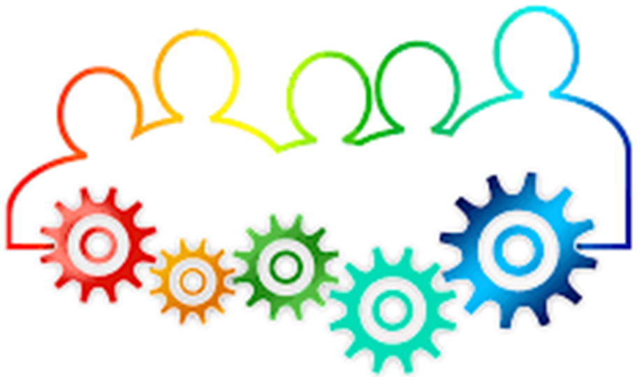 This is a graphic with a multi color outline or people, and various size and color gears. 