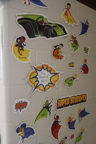 Wall with superhero stickers 