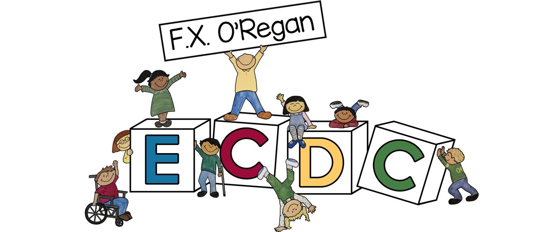 cartoon characters on blocks and holding up a sign that say F.X. O'regan ECDC 