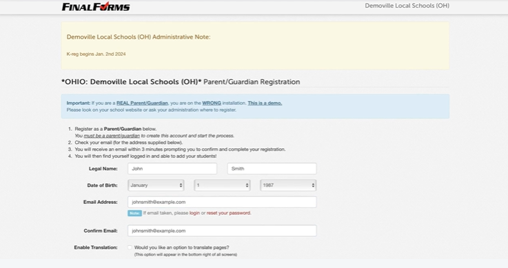 Screenshot of parent details