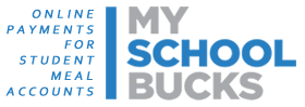 A logo for MY SCHOOL BUCKS, an online payment system for student meal accounts, with blue and gray text on a white background.