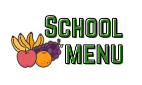 A colorful illustration of fruits next to the words "School Menu" in bold green letters.