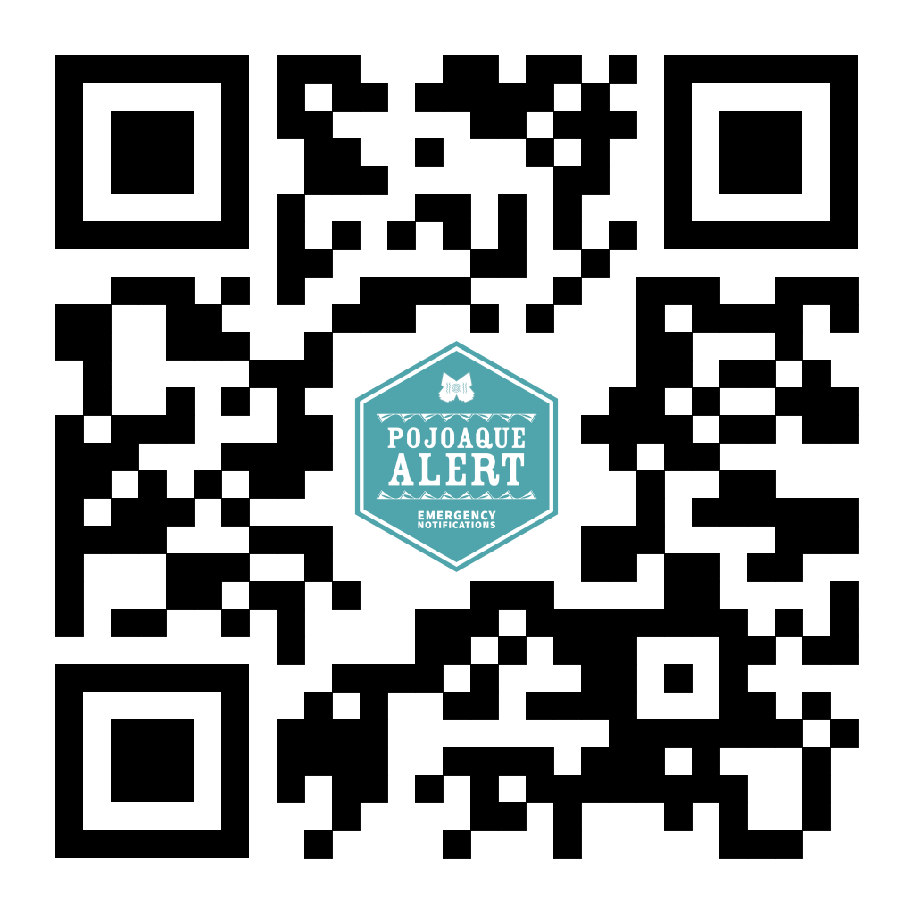 A QR code with a central logo that reads "Pojoaque Alert" and "Emergency Notifications".