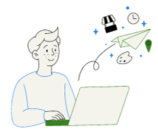 A person using a laptop with icons of a paper airplane, clock, paint palette, and location marker floating above.