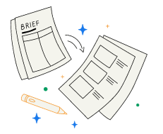 A brief document and a newspaper page with a pen and decorative stars and dots around them.