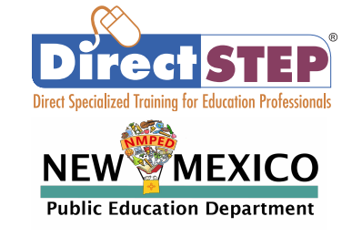The image shows a logo for Direct STEP, a training program for education professionals, with the New Mexico Public Education Department logo.