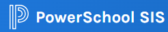 The image shows the PowerSchool SIS logo with a blue background and white text.