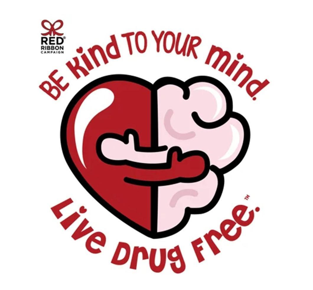 A heart and brain illustration with the message "Be kind to your mind, live drug free" promoting mental health and drug prevention.