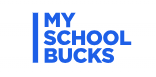 A logo with the text 'MY SCHOOL BUCKS' in bold blue letters, with a vertical blue line on the left.