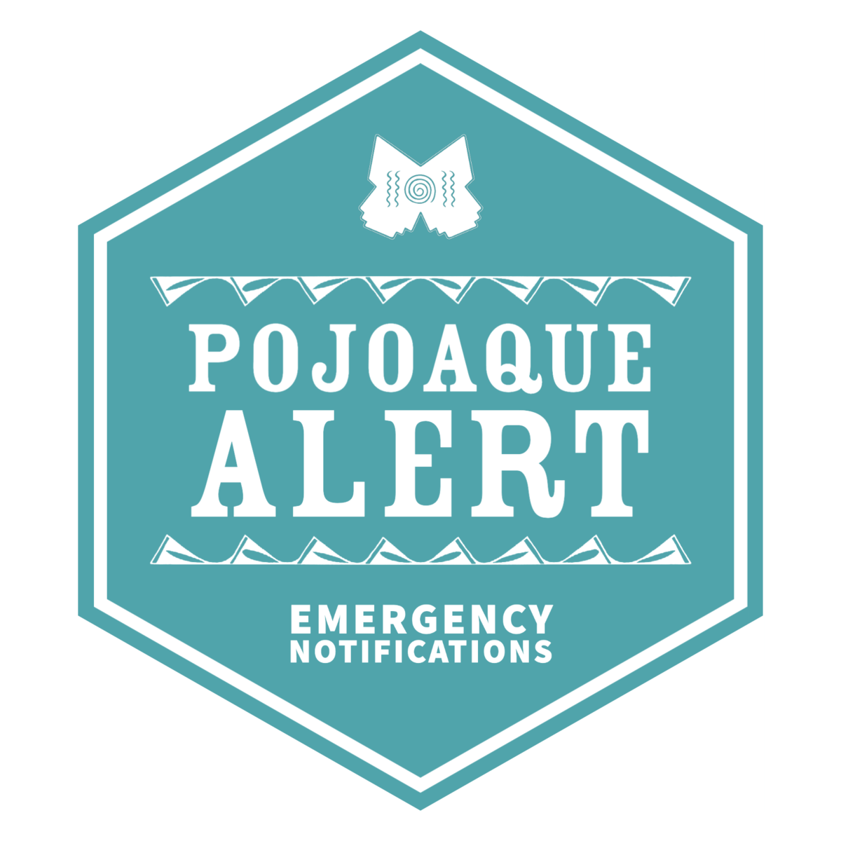 A badge with a wolf head icon and the text 'Pojoaque Alert Emergency Notifications' inside a hexagon.