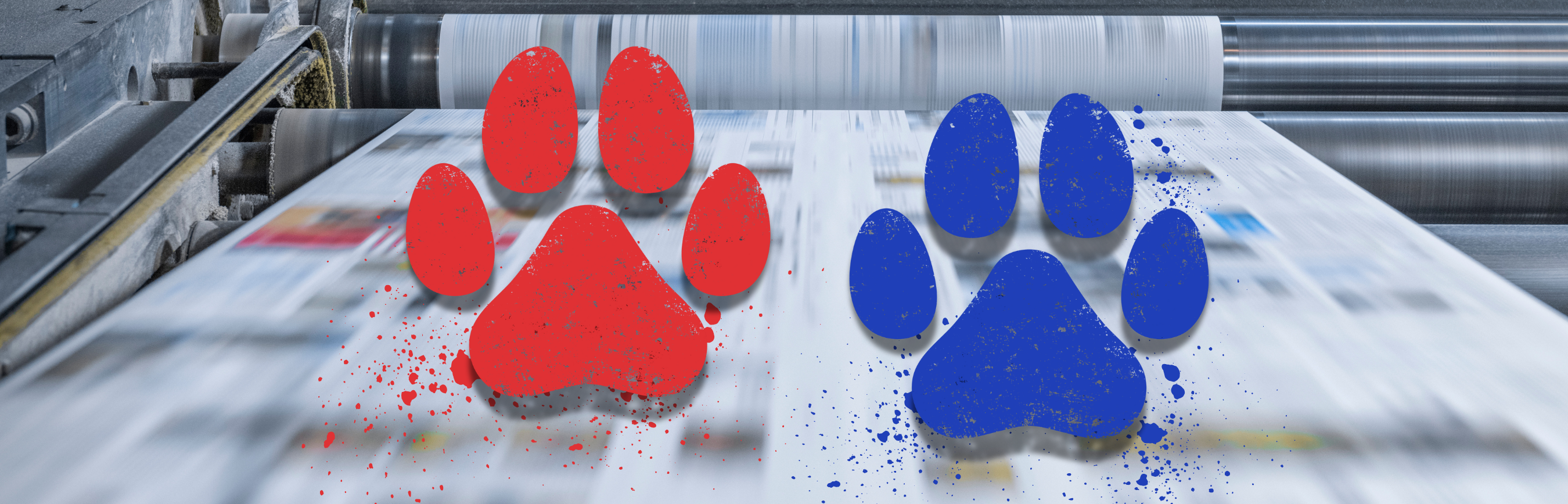 red and blue paw print over printing press