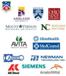 Ohio health seal, ashland university logo, ohio state university logo, newman technology logo, siemens logo, arcelor mittal logo, AK steel logo, avitia health system logo, mount vernon university logo, north central state college logo, ariel logo, kenyon logoand medcentral logo