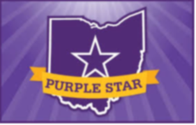 Shape of Ohio with start and gold banner that read purple star