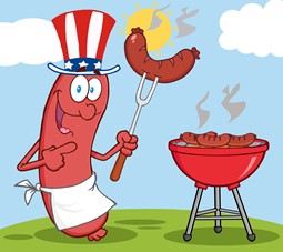Cartoon of a sausage cooking a barbecue