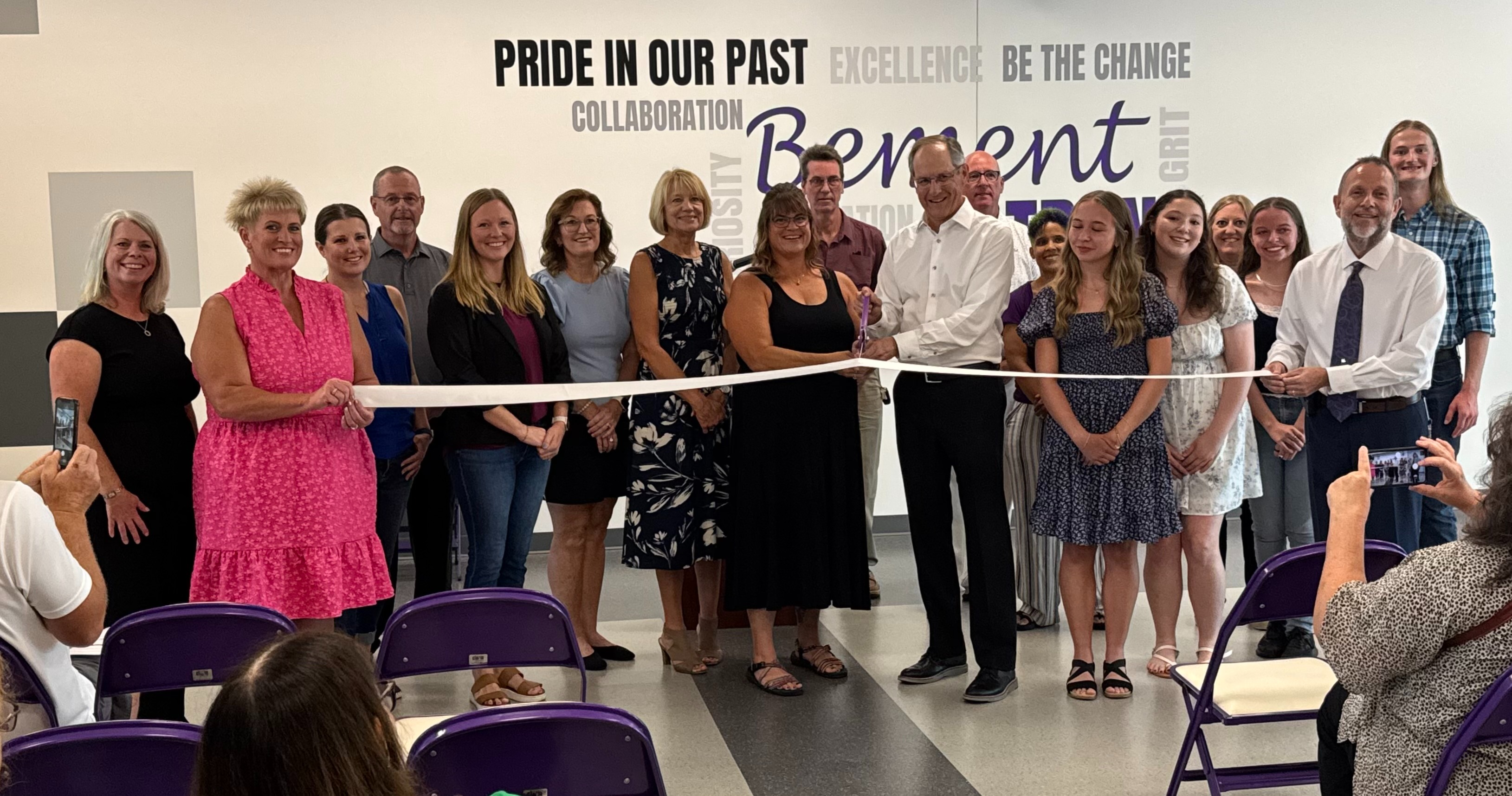Community members, students, staff, and district leaders celebrate the ribbon cutting for Bement CUSD #5's new addition.