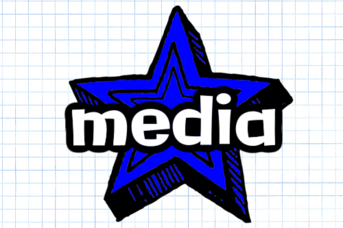 blue and black star on graph paper background, text reads media