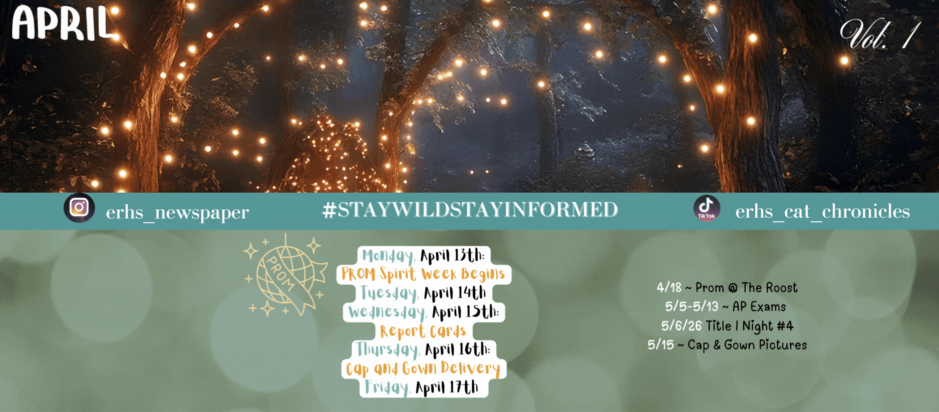 April Eastern Randolph Cat Chronicles Monday April 13th Prom Spirt week begins.  Wednesday April 15th Report Cards.  Thursday April 16th Cap and Gown Delivery.  Coming up 4/18 prom, 5/5-5/13 AP Exams, 5/6 Title 1 Night #4, 5/15 Cap and Gown Pictures