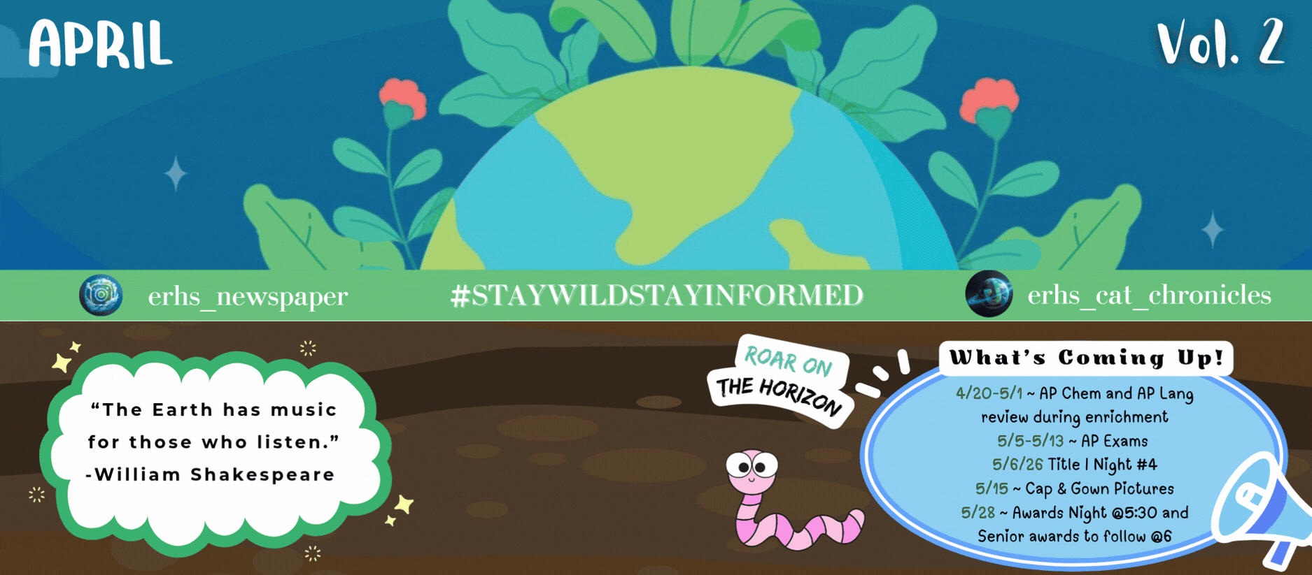 Cat Chronicles on the horizon April 21st: Planning meetings (Staff) 4/20-5/1 ~ AP Chem and AP Lang review during enrichment 5/5-5/13 ~ AP Exams  5/6/26 Title I Night #4 5/15 ~ Cap &amp; Gown Pictures 5/28 ~ Awards Night @5:30 and Senior awards to follow @6