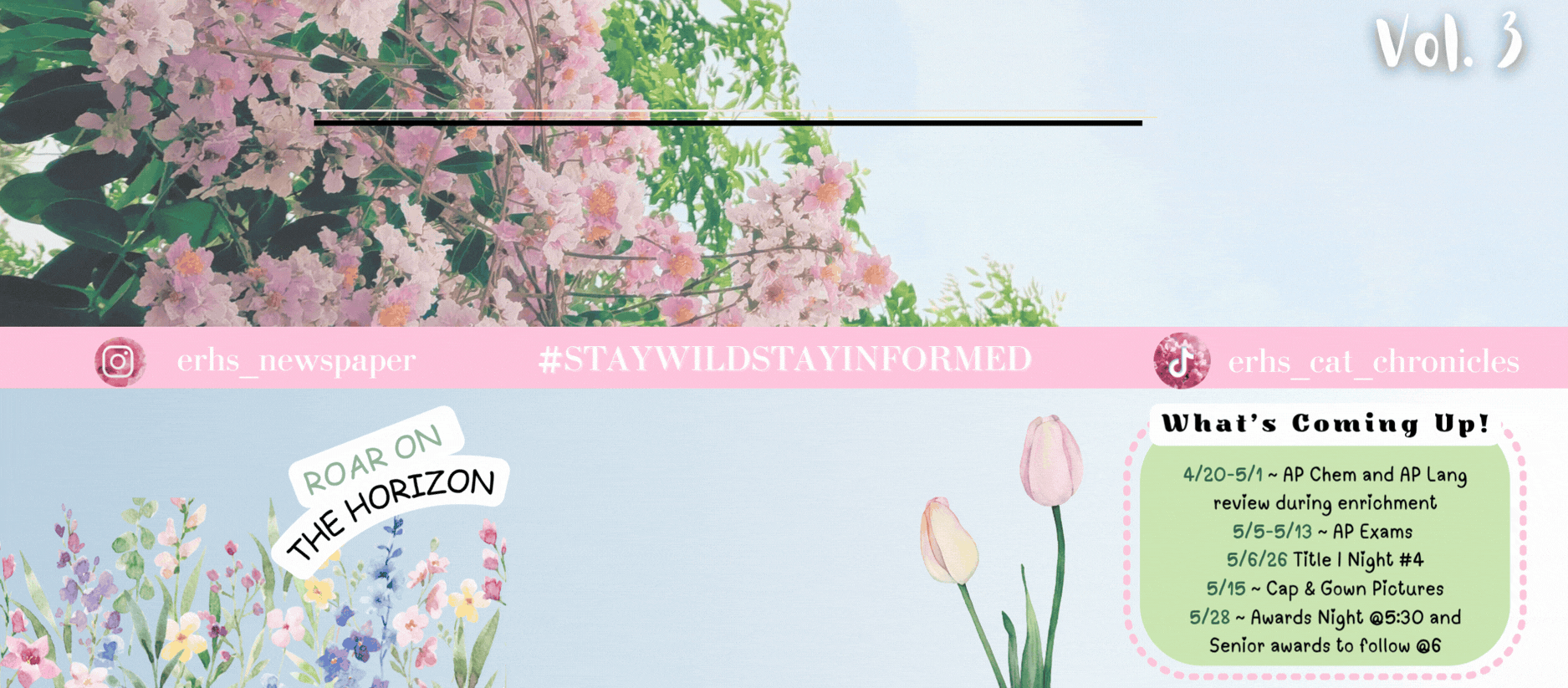 April Cat Chronicles :This weeks events 4/20-5/1 ~ AP Chem and AP Lang review during enrichment 5/5-5/13 ~ AP Exams  5/6/26 Title I Night #4 5/15 ~ Cap &amp; Gown Pictures 5/28 ~ Awards Night @5:30 and Senior awards to follow @6