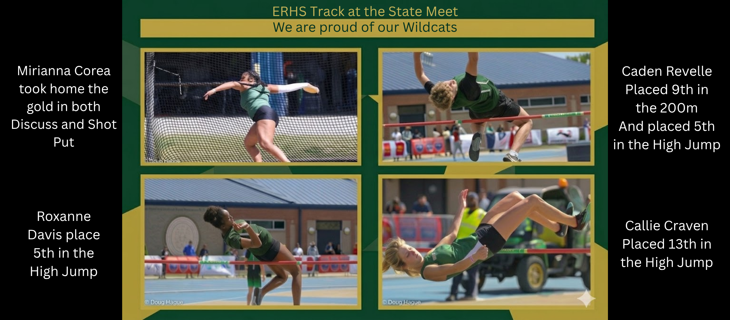 ERHS track and field at the state Championships.  Mirianna Corea placed 1st in both shot put and discuss.  Caden Revelle Placed 9th in the 200m And placed fifth in the High Jump.  Roxanne Davis place 5th in the High Jump Callie Craven Placed 13th in the High Jump.  