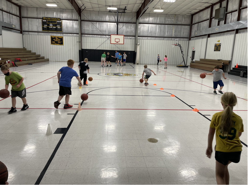 A group of kids playing basketball in a gym.