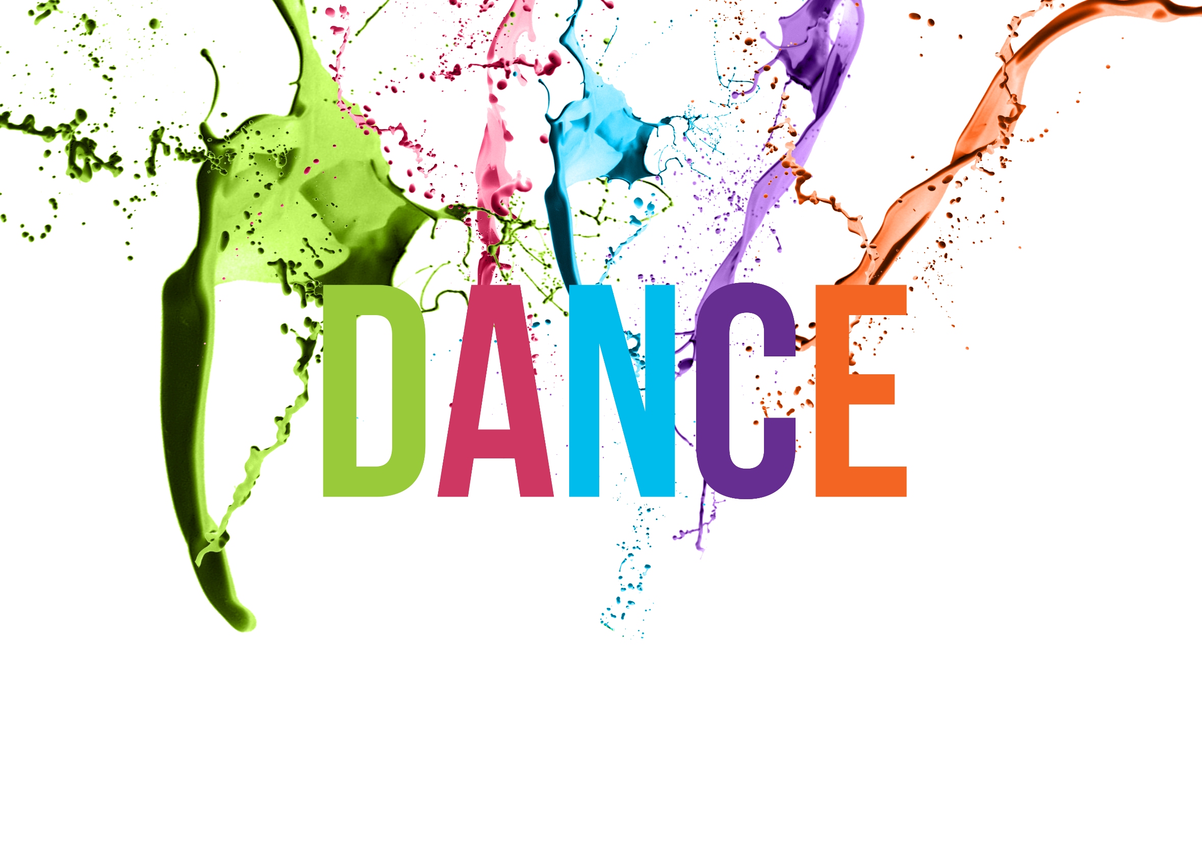 Colorful paint spelling out the word "dance" on a canvas.