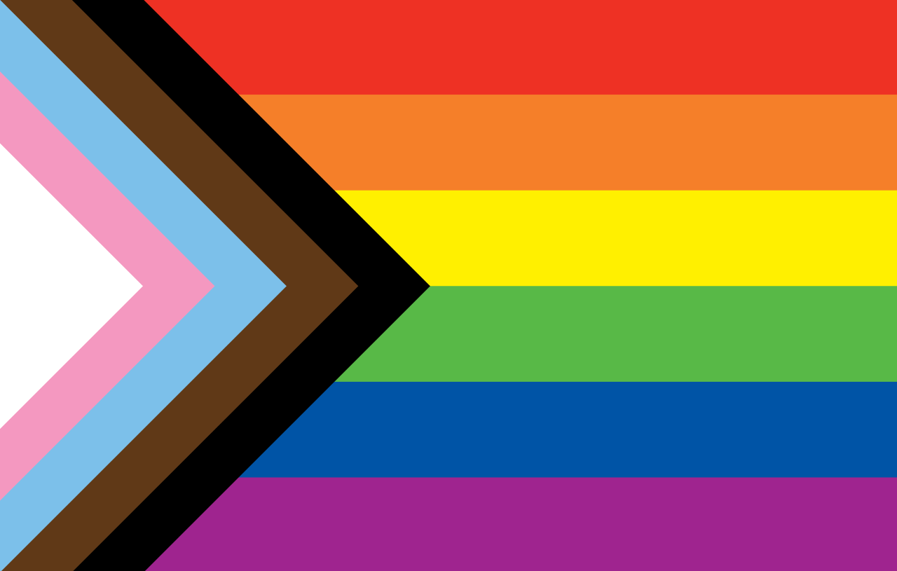 Rainbow flag with white and black background, symbolizing diversity and inclusion.