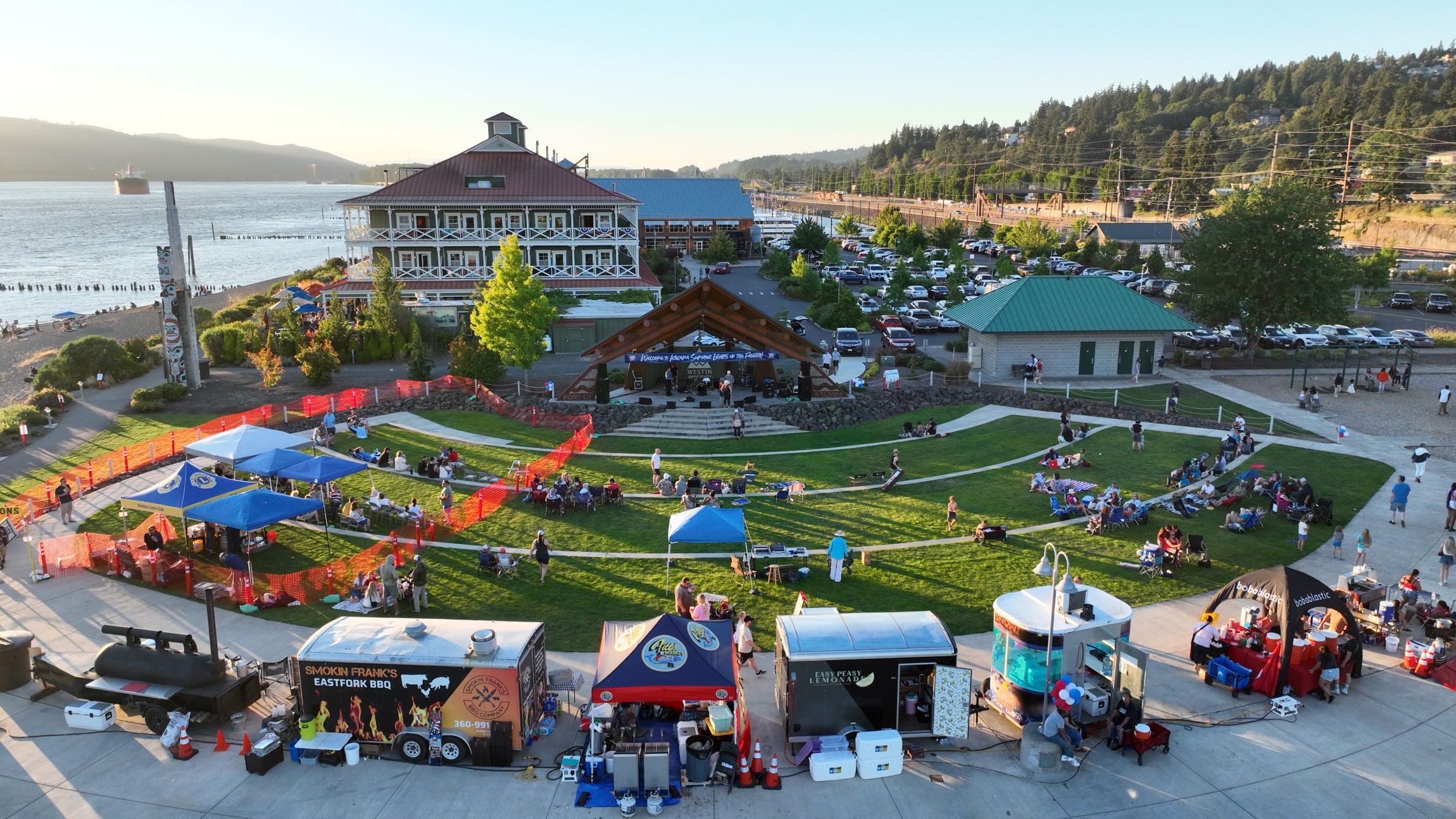 image of food trucks, beer garden, and Westin Amphitheater at the City's 4th of July event